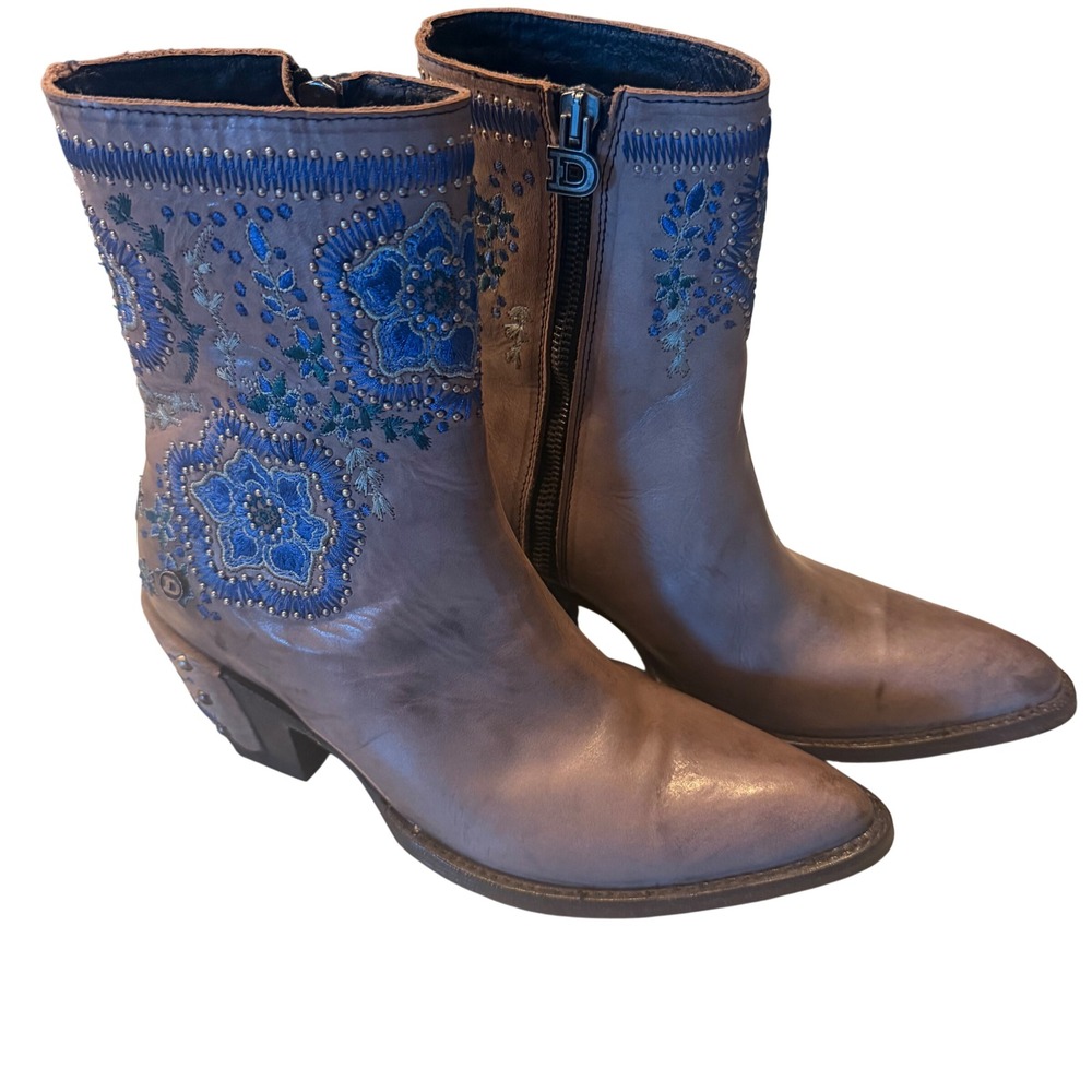 Double D Ranch by Old Gringo Blue Floral Embroidered Leather Boots Taupe 6B